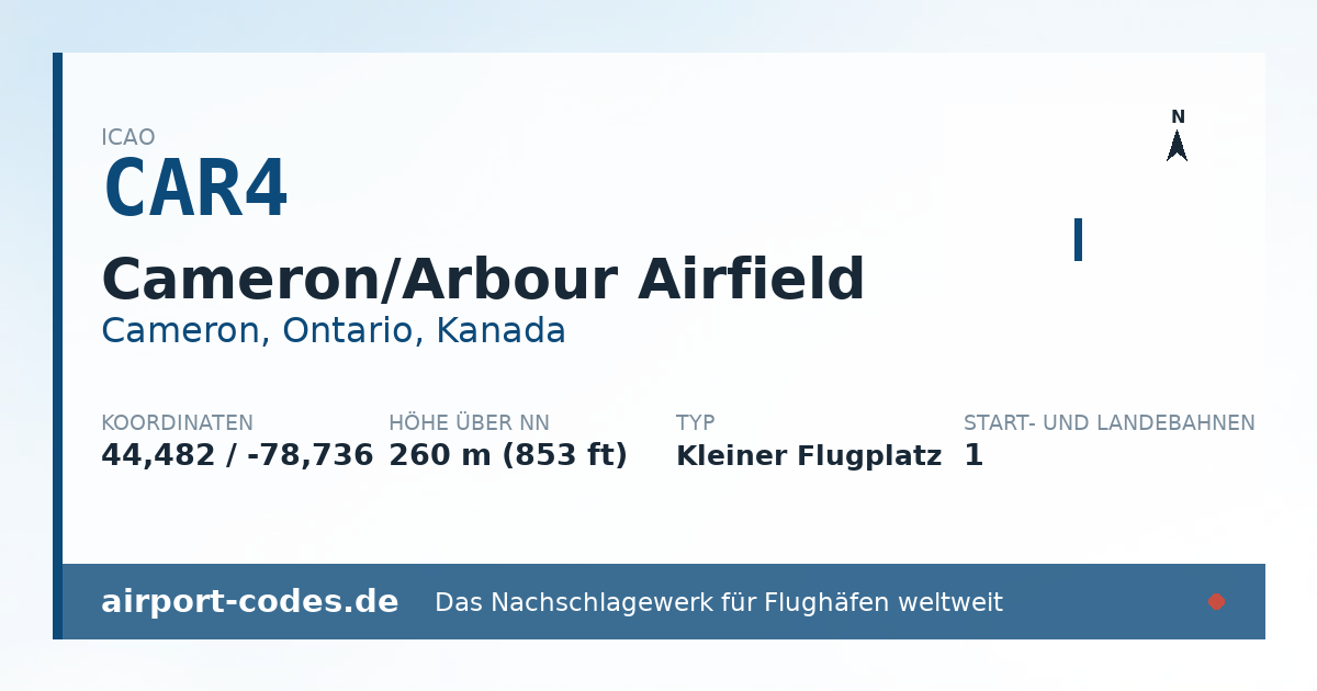 Generierte Übersichtsgrafik zum Flughafen Cameron/Arbour Airfield mit Codes, Koordinaten und Bahnenskizze