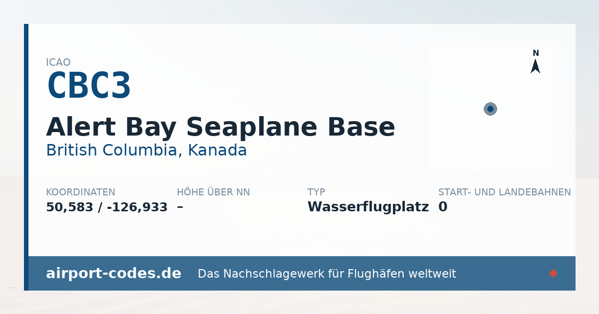 Generierte Übersichtsgrafik zum Flughafen Alert Bay Seaplane Base mit Codes, Koordinaten und Bahnenskizze