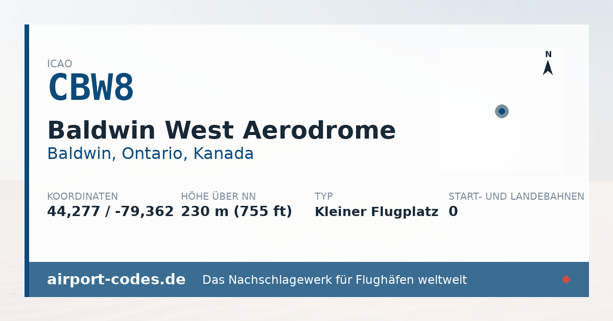 Generierte Übersichtsgrafik zum Flughafen Baldwin West Aerodrome mit Codes, Koordinaten und Bahnenskizze