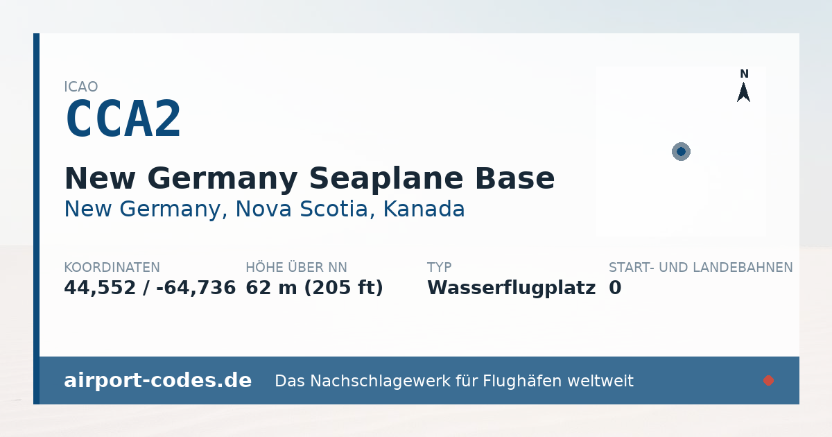 Generierte Übersichtsgrafik zum Flughafen New Germany Seaplane Base mit Codes, Koordinaten und Bahnenskizze
