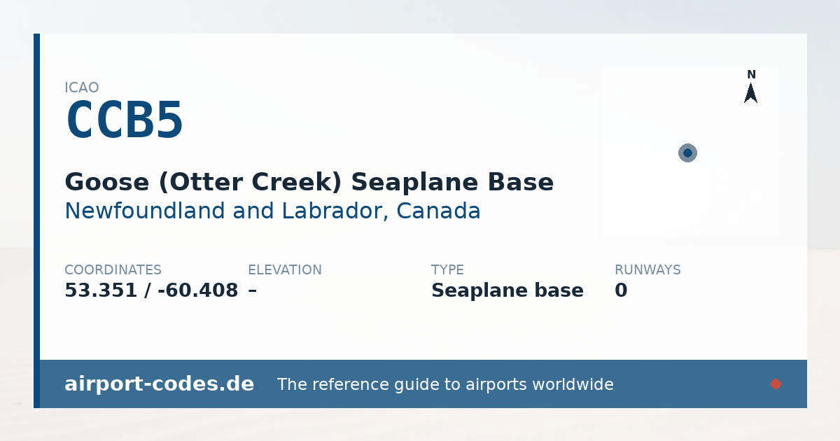 Generated summary graphic for Goose (Otter Creek) Seaplane Base showing codes, coordinates and a runway sketch