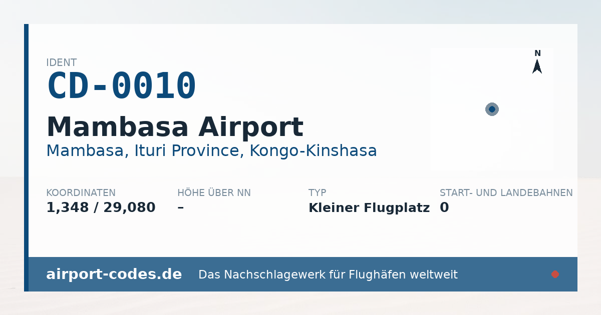 Generierte Übersichtsgrafik zum Flughafen Mambasa Airport mit Codes, Koordinaten und Bahnenskizze