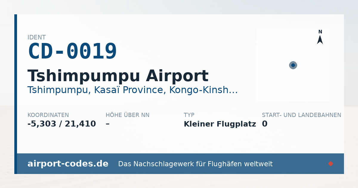 Generierte Übersichtsgrafik zum Flughafen Tshimpumpu Airport mit Codes, Koordinaten und Bahnenskizze