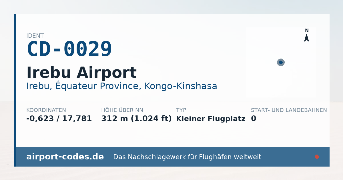 Generierte Übersichtsgrafik zum Flughafen Irebu Airport mit Codes, Koordinaten und Bahnenskizze