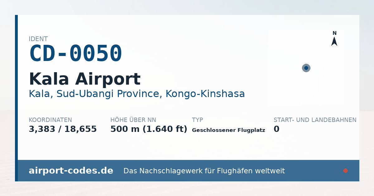 Generierte Übersichtsgrafik zum Flughafen Kala Airport mit Codes, Koordinaten und Bahnenskizze