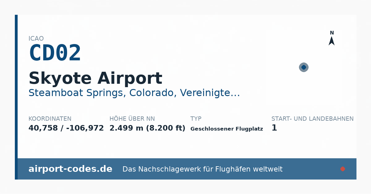 Generierte Übersichtsgrafik zum Flughafen Skyote Airport mit Codes, Koordinaten und Bahnenskizze