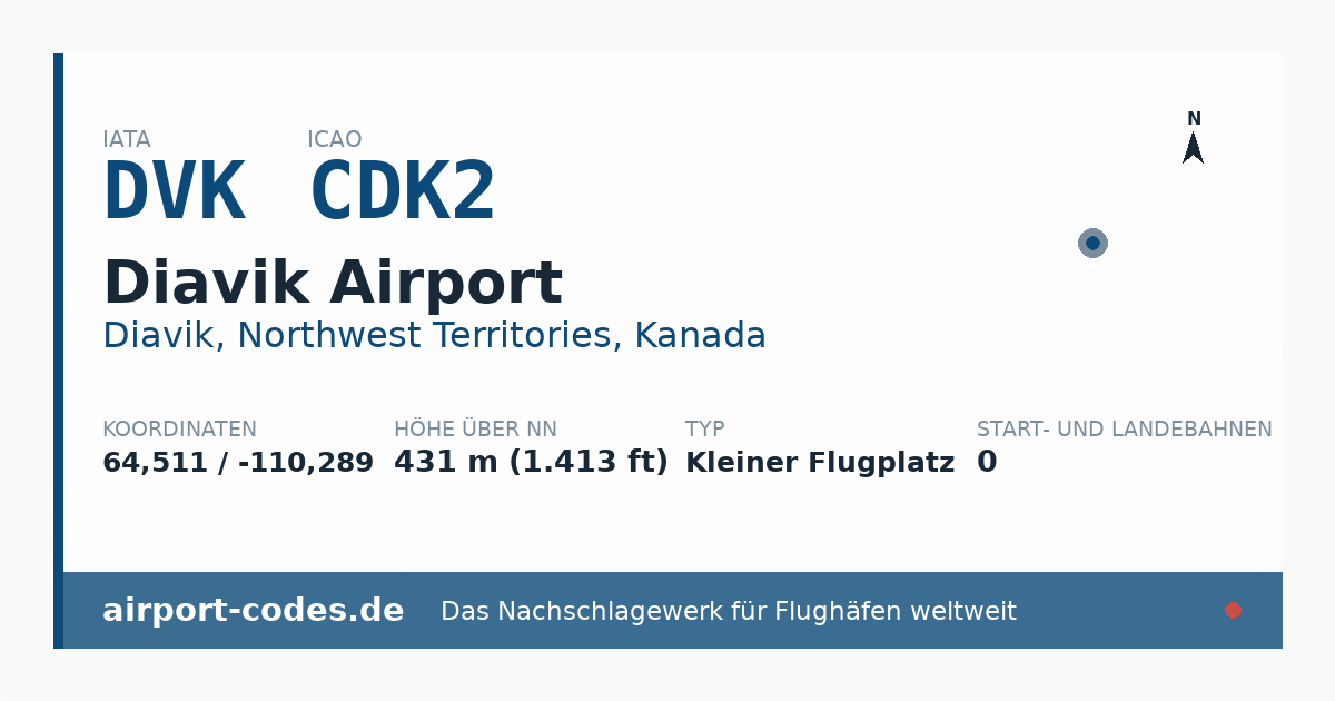 Generierte Übersichtsgrafik zum Flughafen Diavik Airport mit Codes, Koordinaten und Bahnenskizze