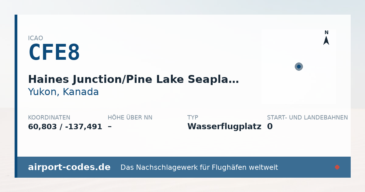 Generierte Übersichtsgrafik zum Flughafen Haines Junction/Pine Lake Seaplane Base mit Codes, Koordinaten und Bahnenskizze