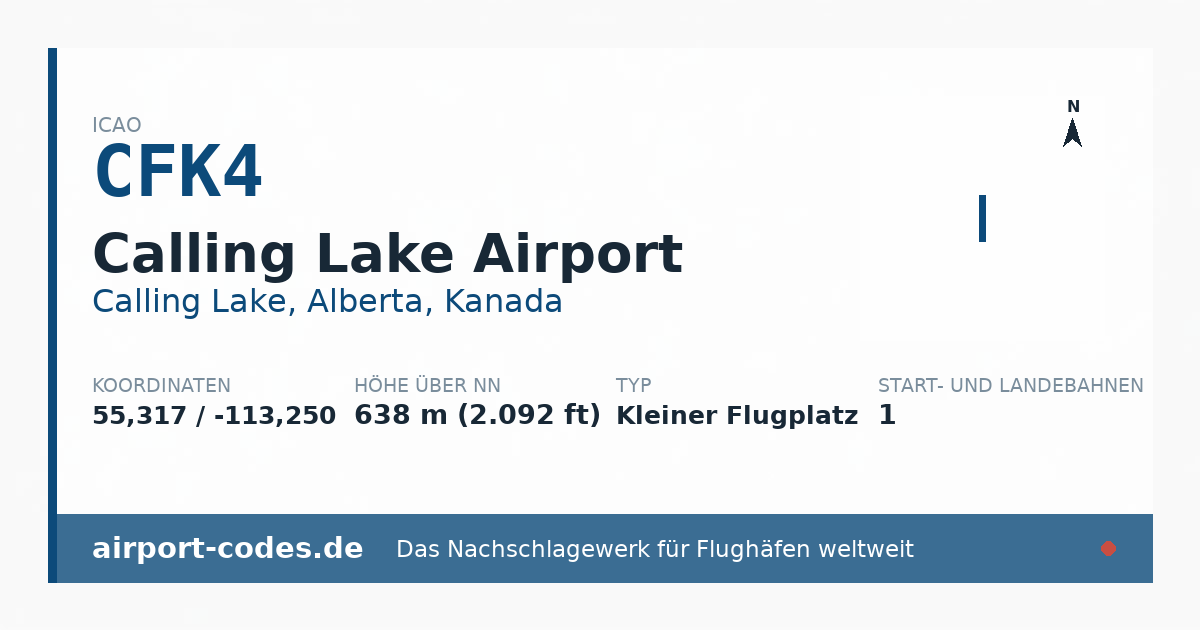Generierte Übersichtsgrafik zum Flughafen Calling Lake Airport mit Codes, Koordinaten und Bahnenskizze