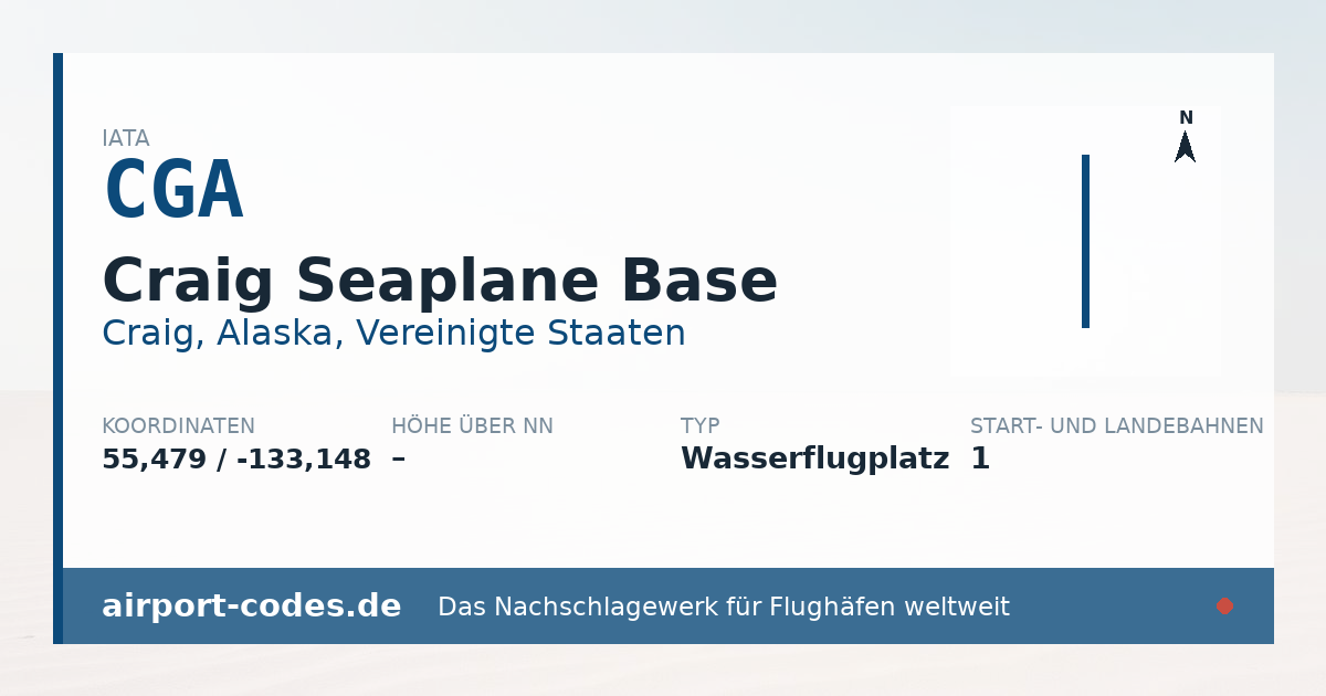 Generierte Übersichtsgrafik zum Flughafen Craig Seaplane Base mit Codes, Koordinaten und Bahnenskizze