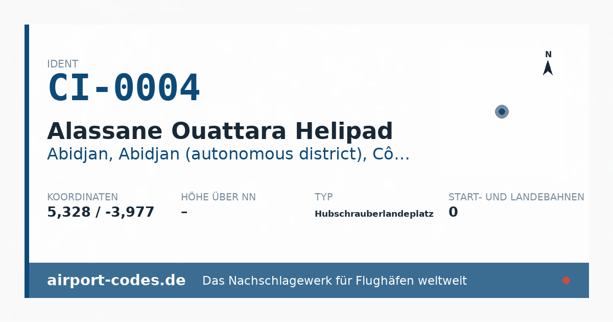 Generierte Übersichtsgrafik zum Flughafen Alassane Ouattara Helipad mit Codes, Koordinaten und Bahnenskizze
