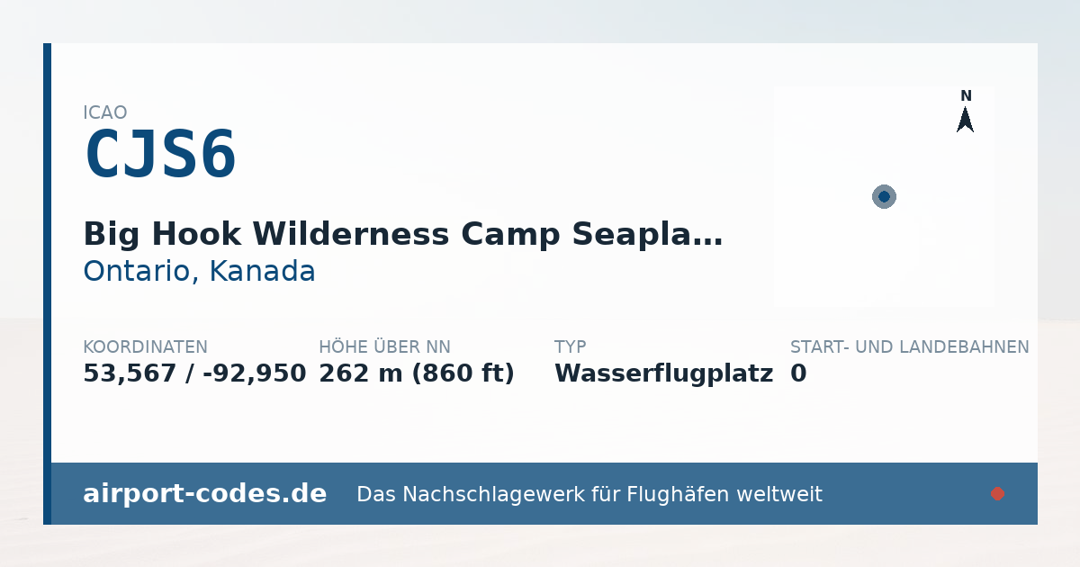 Generierte Übersichtsgrafik zum Flughafen Big Hook Wilderness Camp Seaplane Base mit Codes, Koordinaten und Bahnenskizze