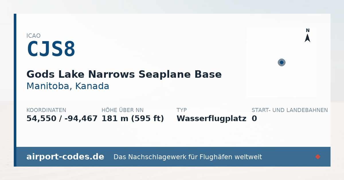 Generierte Übersichtsgrafik zum Flughafen Gods Lake Narrows Seaplane Base mit Codes, Koordinaten und Bahnenskizze
