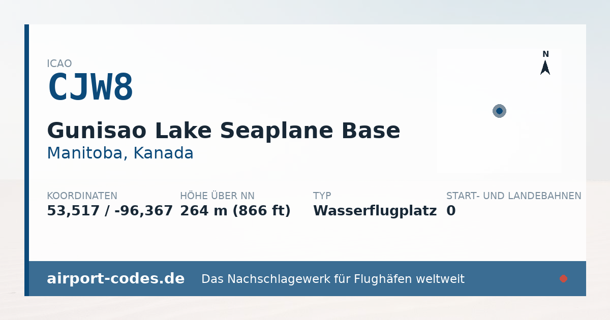 Generierte Übersichtsgrafik zum Flughafen Gunisao Lake Seaplane Base mit Codes, Koordinaten und Bahnenskizze
