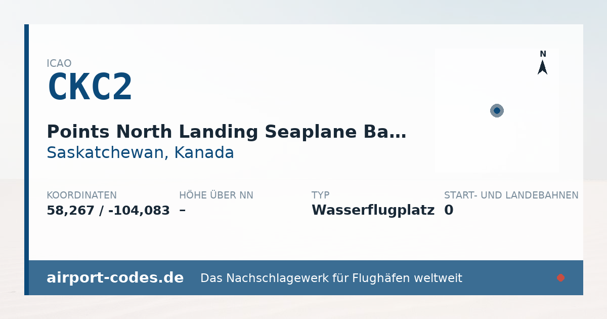 Generierte Übersichtsgrafik zum Flughafen Points North Landing Seaplane Base mit Codes, Koordinaten und Bahnenskizze
