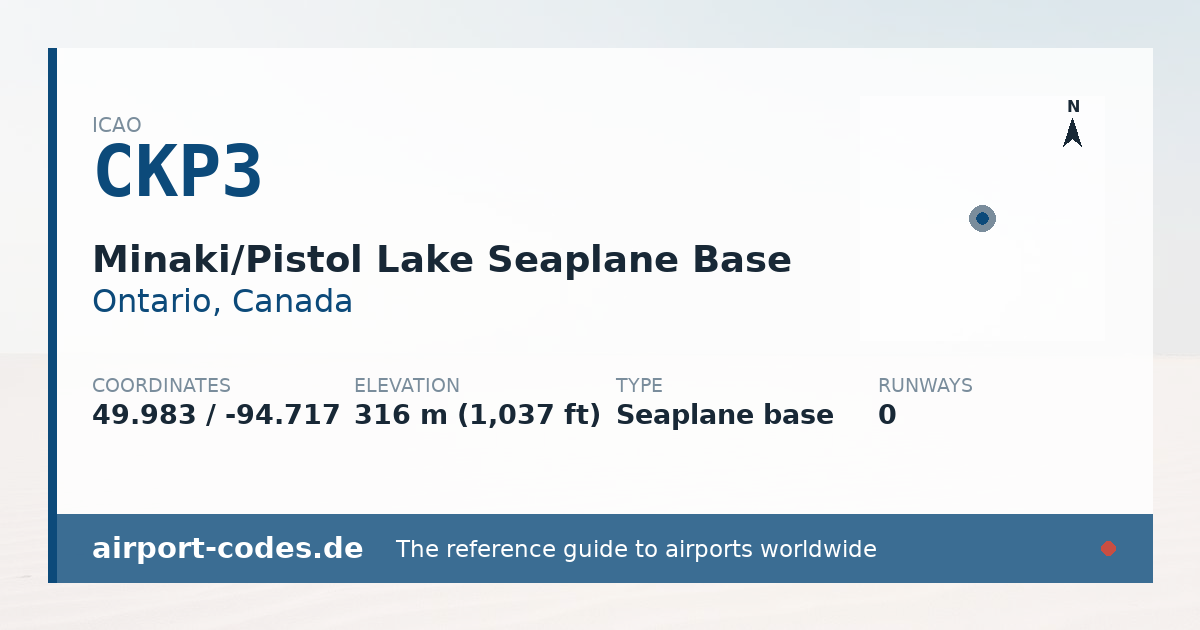 Generated summary graphic for Minaki/Pistol Lake Seaplane Base showing codes, coordinates and a runway sketch
