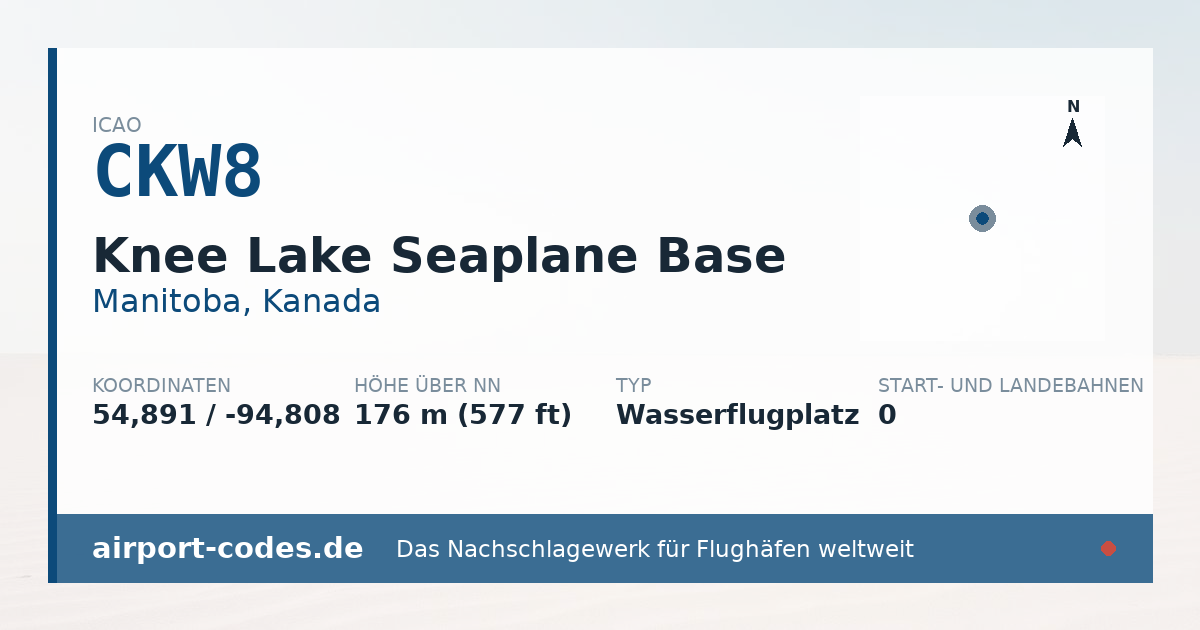 Generierte Übersichtsgrafik zum Flughafen Knee Lake Seaplane Base mit Codes, Koordinaten und Bahnenskizze