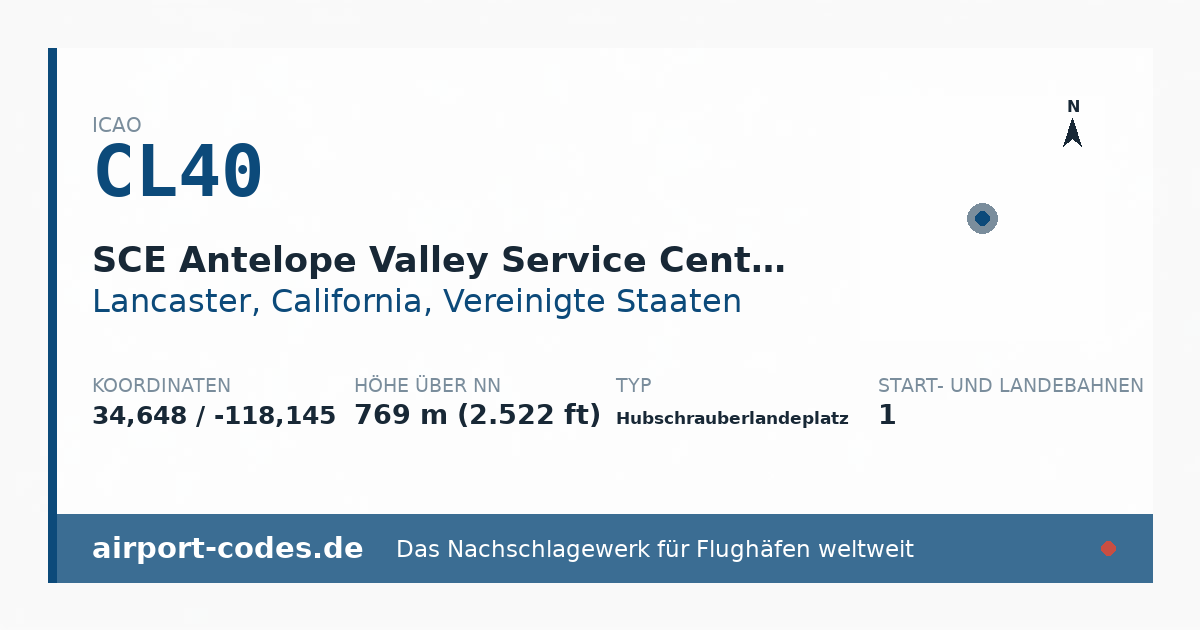 Generierte Übersichtsgrafik zum Flughafen SCE Antelope Valley Service Center Heliport mit Codes, Koordinaten und Bahnenskizze