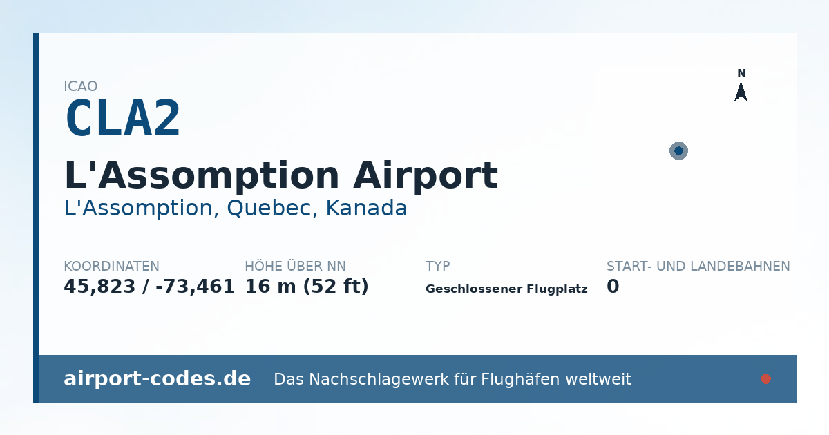Generierte Übersichtsgrafik zum Flughafen L'Assomption Airport mit Codes, Koordinaten und Bahnenskizze