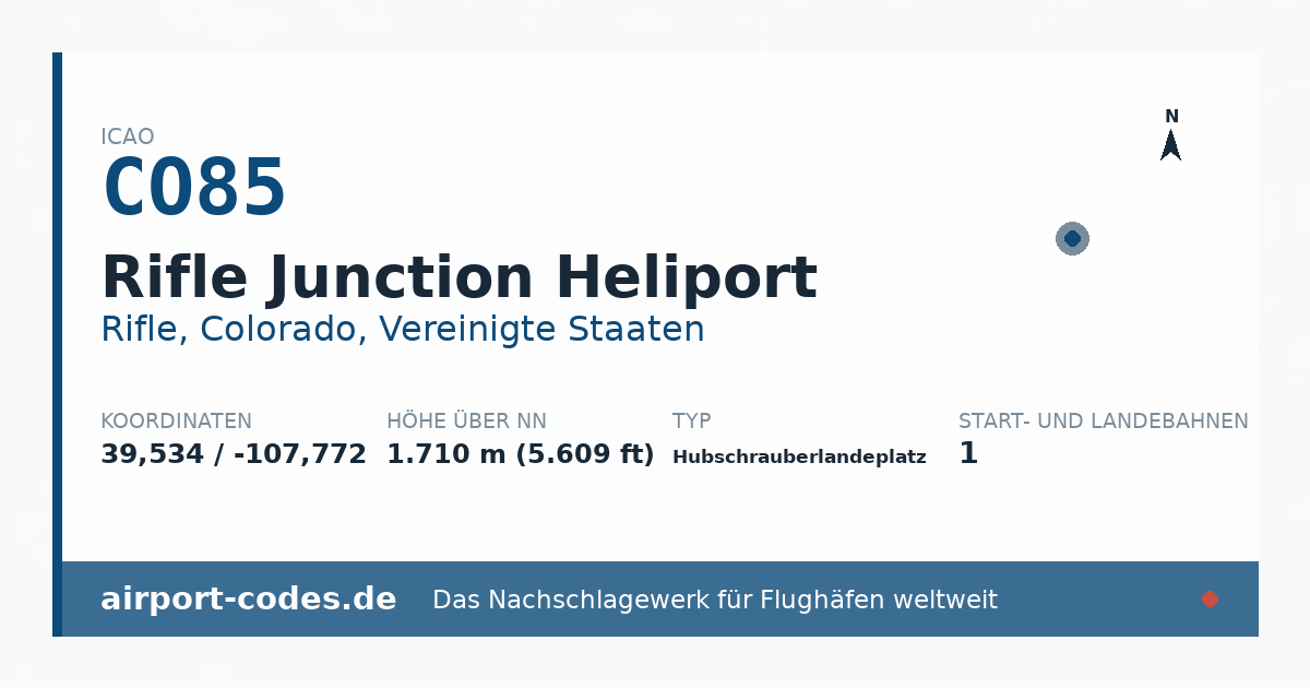Generierte Übersichtsgrafik zum Flughafen Rifle Junction Heliport mit Codes, Koordinaten und Bahnenskizze