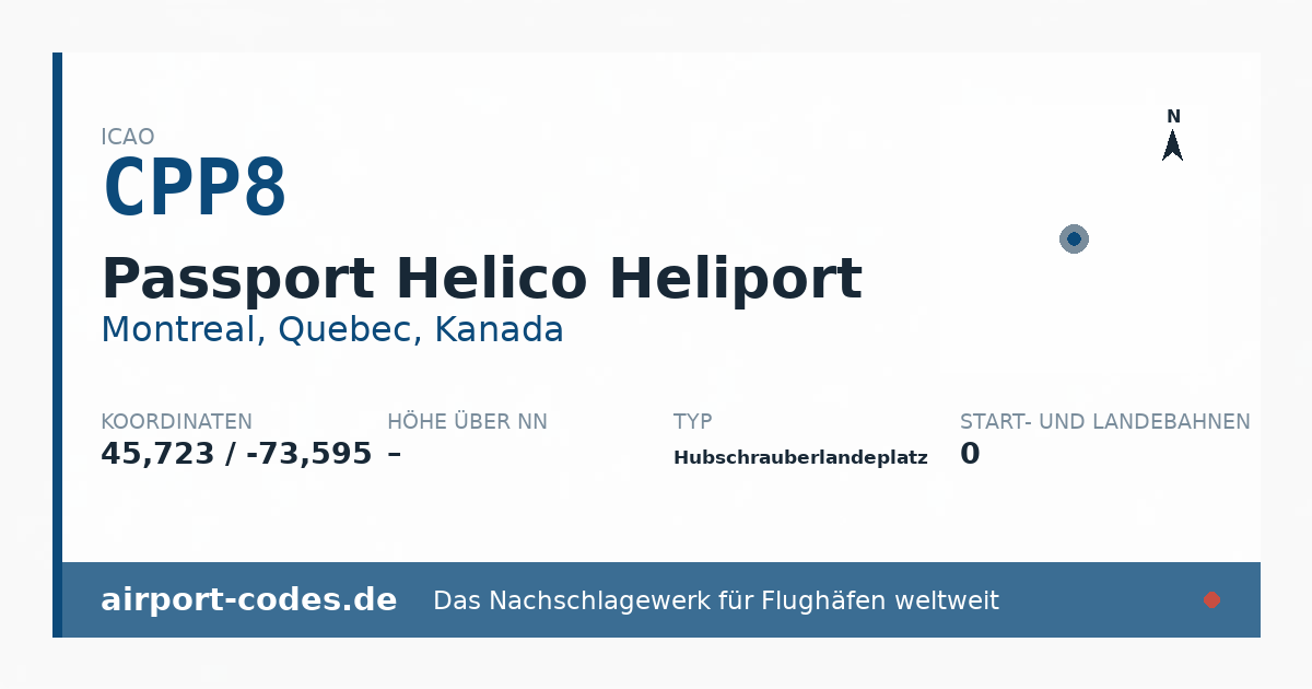 Generierte Übersichtsgrafik zum Flughafen Passport Helico Heliport mit Codes, Koordinaten und Bahnenskizze