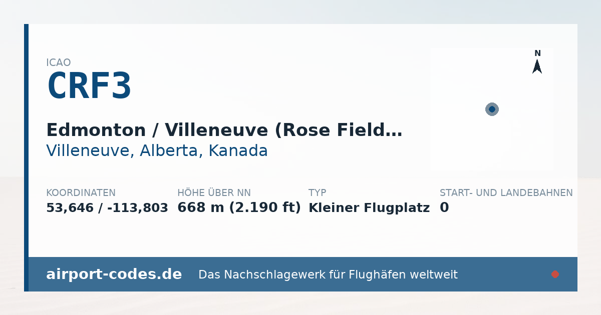 Generierte Übersichtsgrafik zum Flughafen Edmonton / Villeneuve (Rose Field) Aerodrome mit Codes, Koordinaten und Bahnenskizze