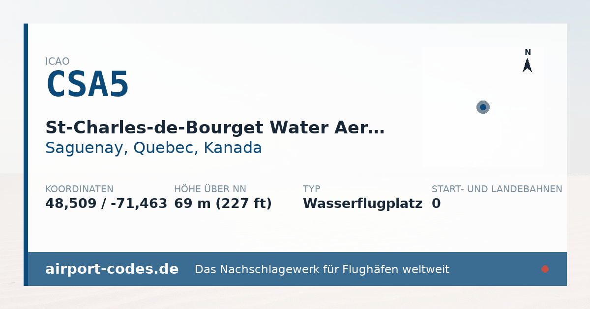 Generierte Übersichtsgrafik zum Flughafen St-Charles-de-Bourget Water Aerodrome mit Codes, Koordinaten und Bahnenskizze