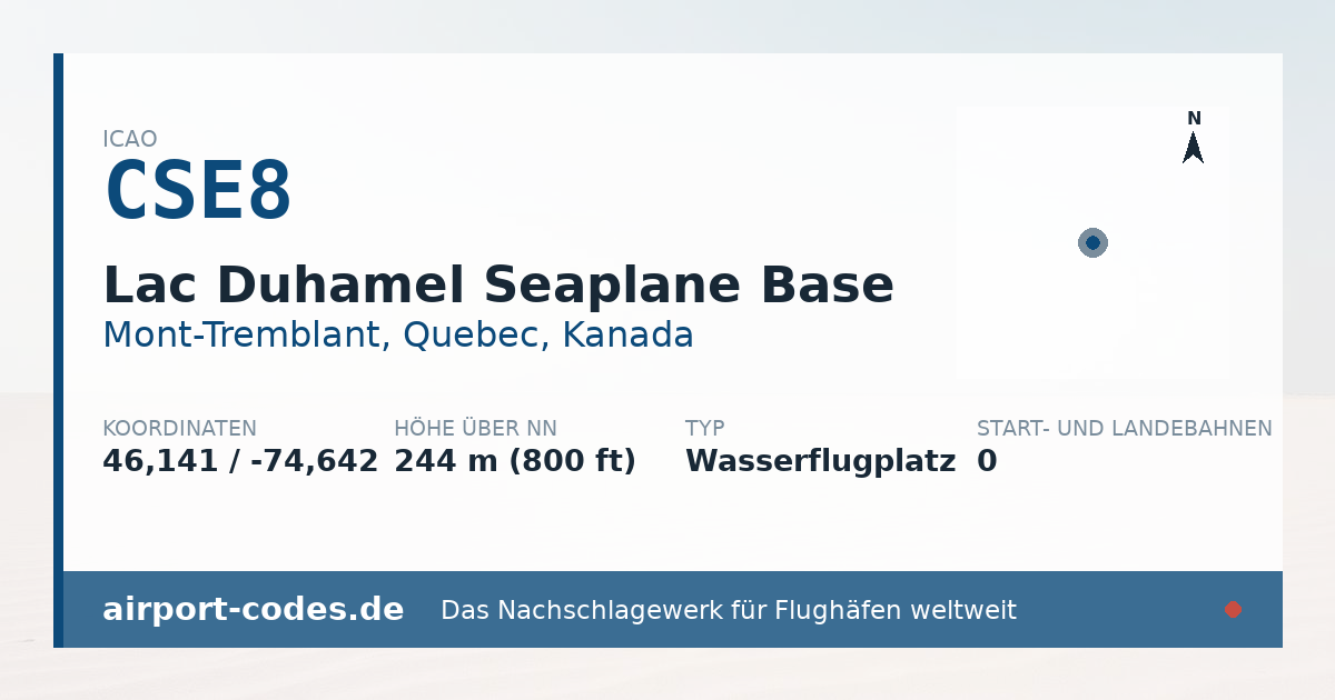 Generierte Übersichtsgrafik zum Flughafen Lac Duhamel Seaplane Base mit Codes, Koordinaten und Bahnenskizze