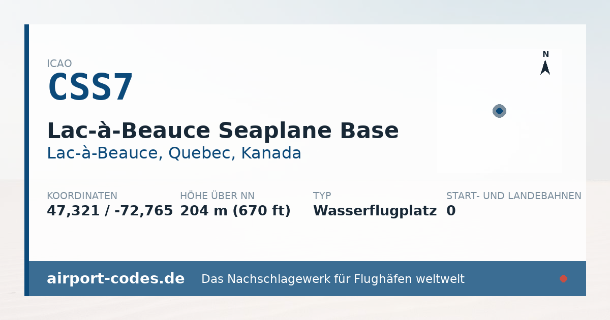Generierte Übersichtsgrafik zum Flughafen Lac-à-Beauce Seaplane Base mit Codes, Koordinaten und Bahnenskizze