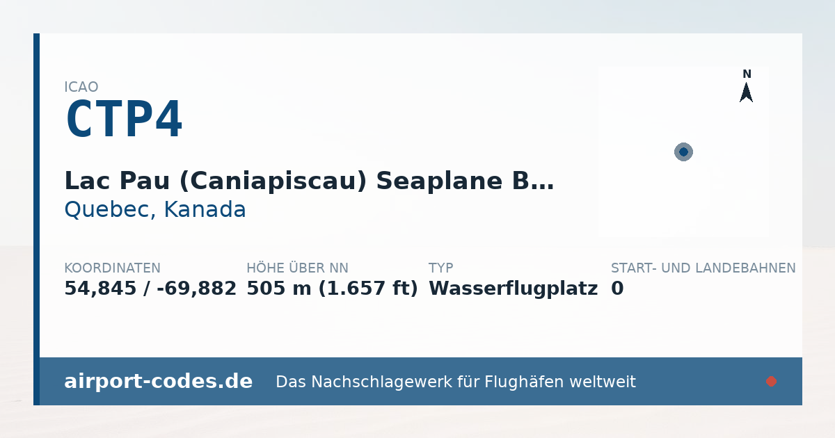 Generierte Übersichtsgrafik zum Flughafen Lac Pau (Caniapiscau) Seaplane Base mit Codes, Koordinaten und Bahnenskizze