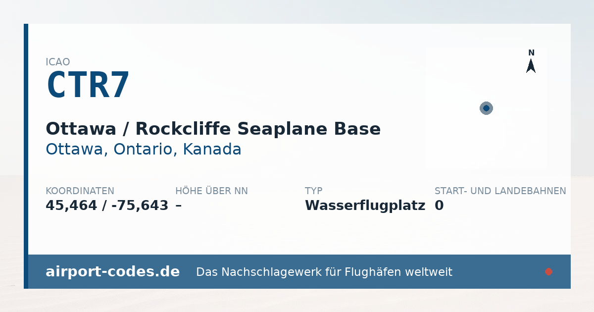 Generierte Übersichtsgrafik zum Flughafen Ottawa / Rockcliffe Seaplane Base mit Codes, Koordinaten und Bahnenskizze