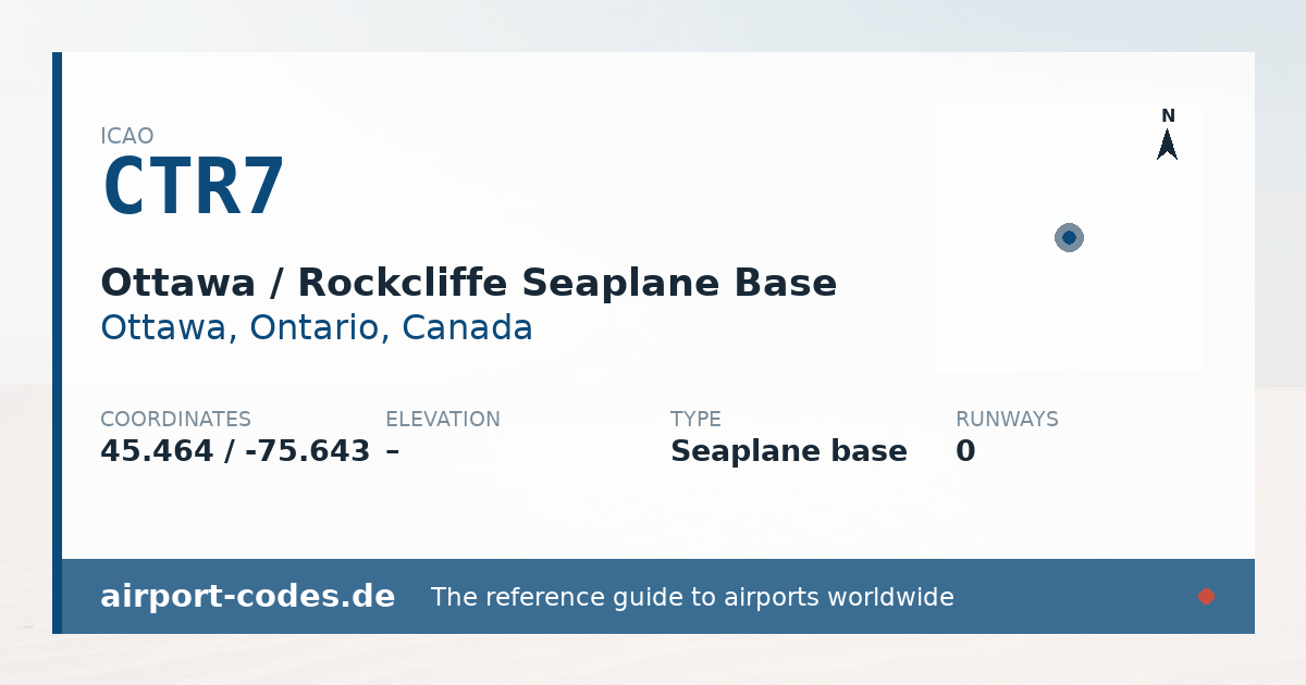Generated summary graphic for Ottawa / Rockcliffe Seaplane Base showing codes, coordinates and a runway sketch