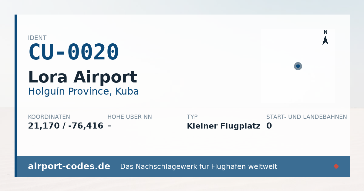 Generierte Übersichtsgrafik zum Flughafen Lora Airport mit Codes, Koordinaten und Bahnenskizze