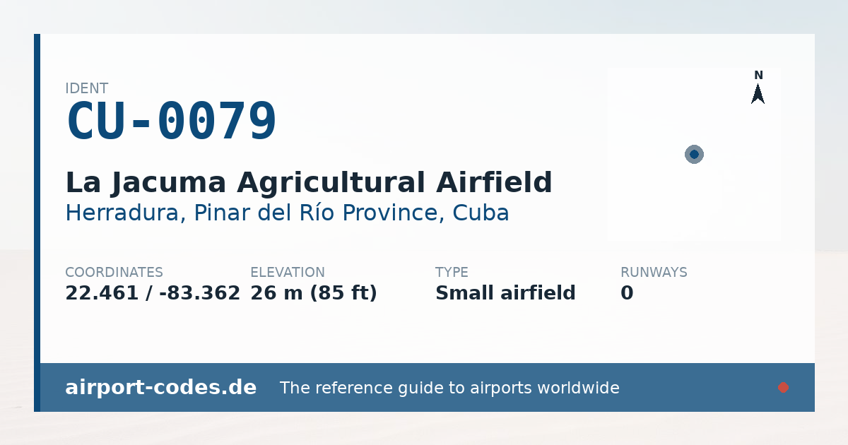 Generated summary graphic for La Jacuma Agricultural Airfield showing codes, coordinates and a runway sketch