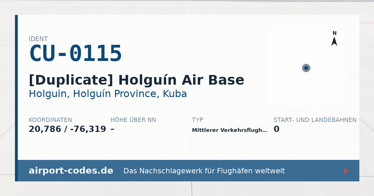 Generierte Übersichtsgrafik zum Flughafen [Duplicate] Holguín Air Base mit Codes, Koordinaten und Bahnenskizze