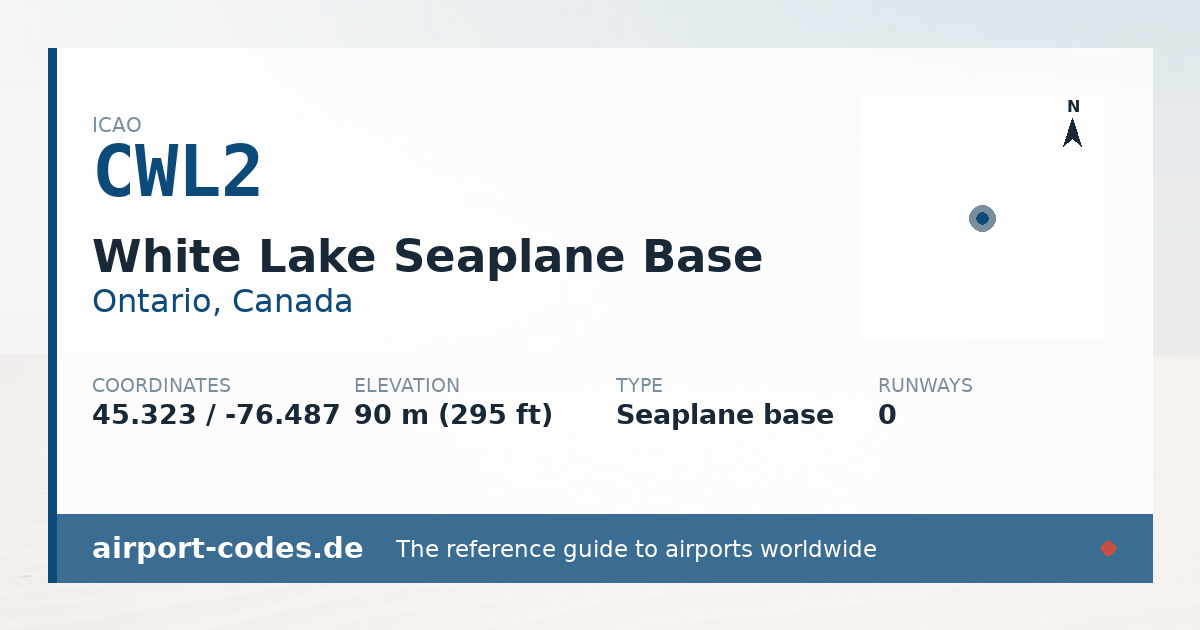 Generated summary graphic for White Lake Seaplane Base showing codes, coordinates and a runway sketch