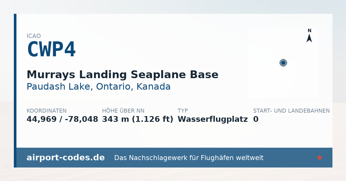 Generierte Übersichtsgrafik zum Flughafen Murrays Landing Seaplane Base mit Codes, Koordinaten und Bahnenskizze