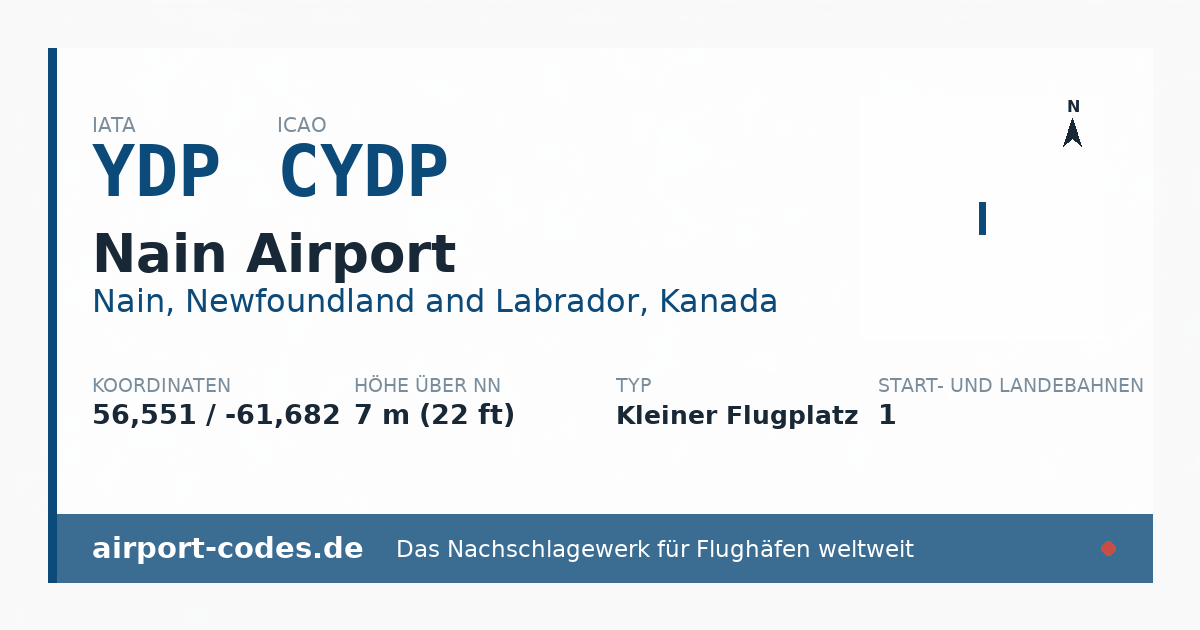Generierte Übersichtsgrafik zum Flughafen Nain Airport mit Codes, Koordinaten und Bahnenskizze