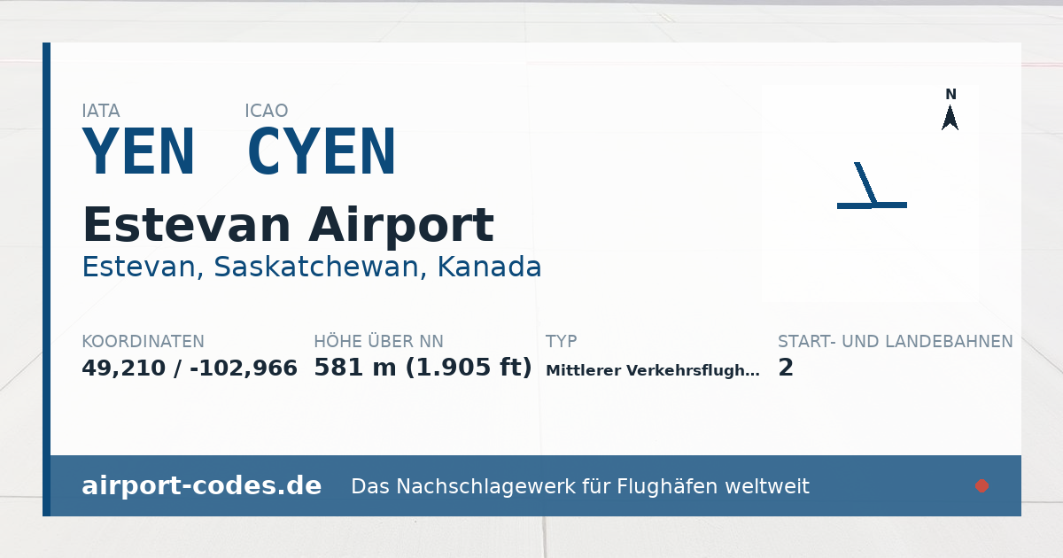Generierte Übersichtsgrafik zum Flughafen Estevan Airport mit Codes, Koordinaten und Bahnenskizze