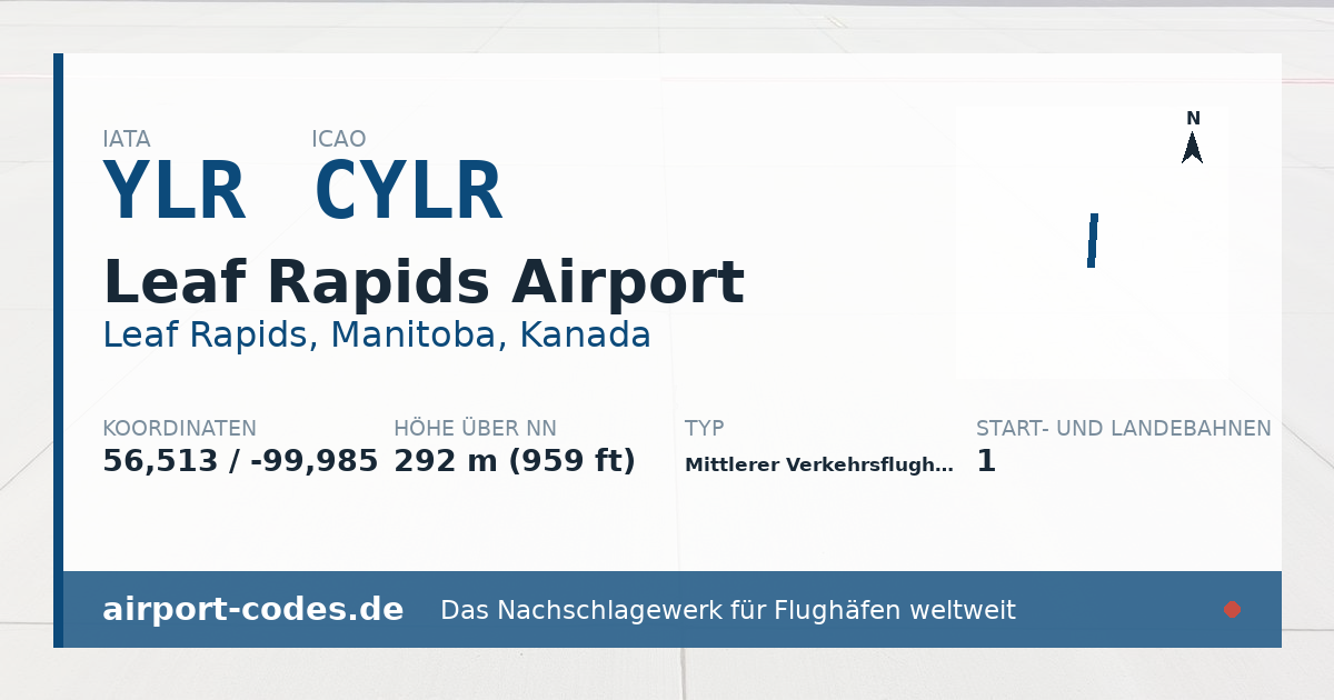 Generierte Übersichtsgrafik zum Flughafen Leaf Rapids Airport mit Codes, Koordinaten und Bahnenskizze
