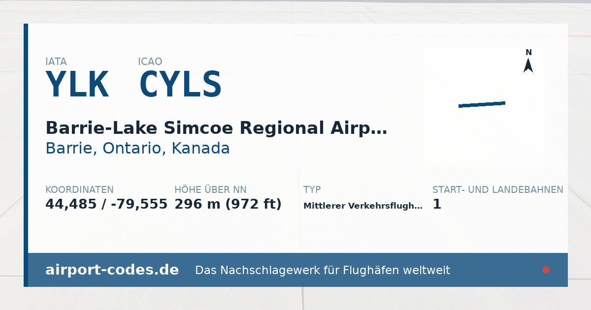 Generierte Übersichtsgrafik zum Flughafen Barrie-Lake Simcoe Regional Airport mit Codes, Koordinaten und Bahnenskizze