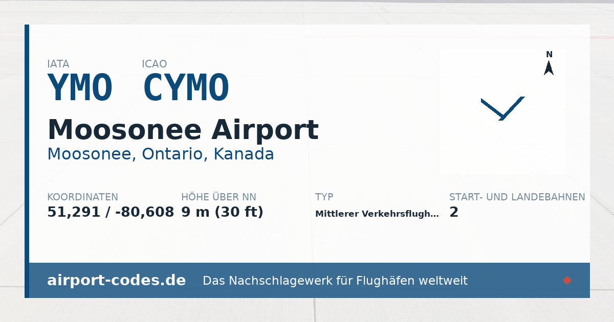 Generierte Übersichtsgrafik zum Flughafen Moosonee Airport mit Codes, Koordinaten und Bahnenskizze