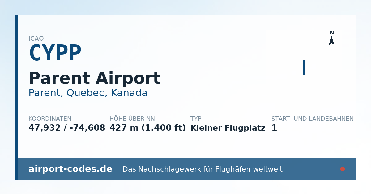Generierte Übersichtsgrafik zum Flughafen Parent Airport mit Codes, Koordinaten und Bahnenskizze