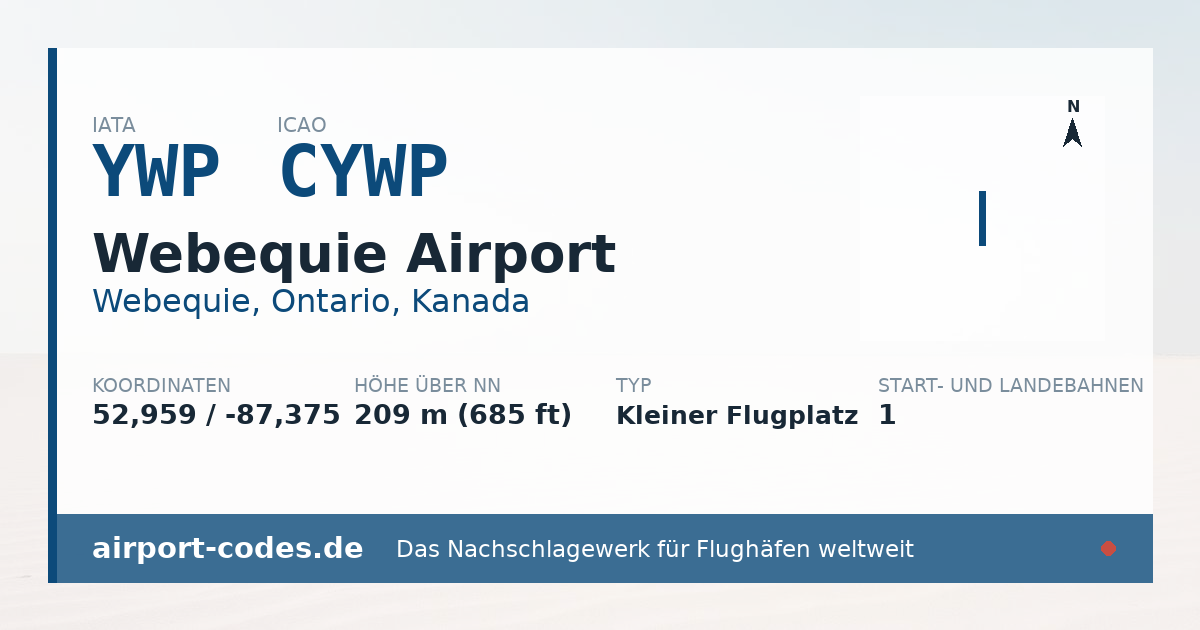 Generierte Übersichtsgrafik zum Flughafen Webequie Airport mit Codes, Koordinaten und Bahnenskizze