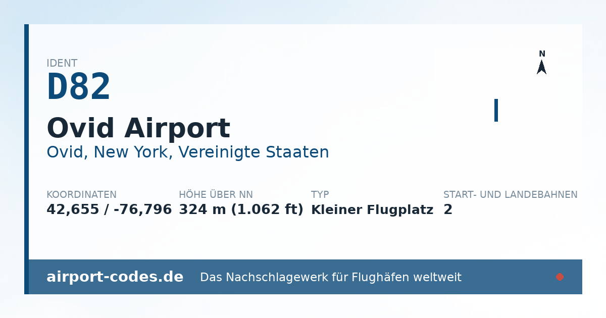 Generierte Übersichtsgrafik zum Flughafen Ovid Airport mit Codes, Koordinaten und Bahnenskizze