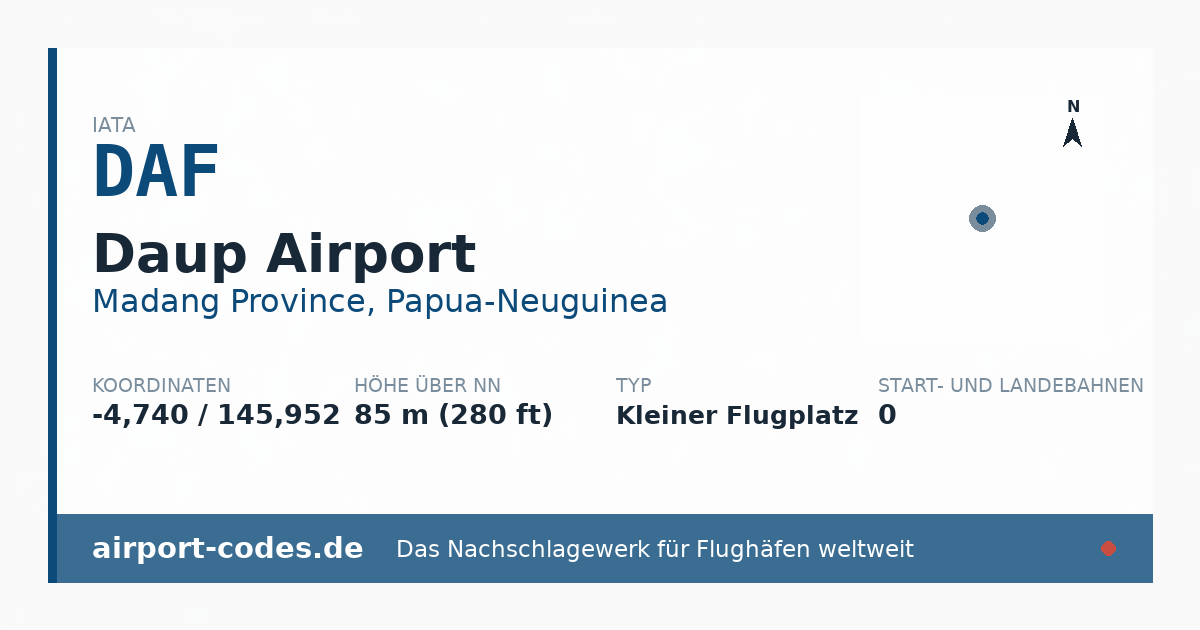 Generierte Übersichtsgrafik zum Flughafen Daup Airport mit Codes, Koordinaten und Bahnenskizze