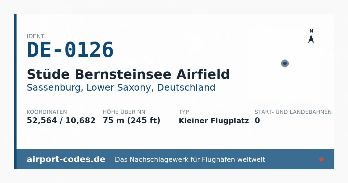 Generierte Übersichtsgrafik zum Flughafen Stüde Bernsteinsee Airfield mit Codes, Koordinaten und Bahnenskizze