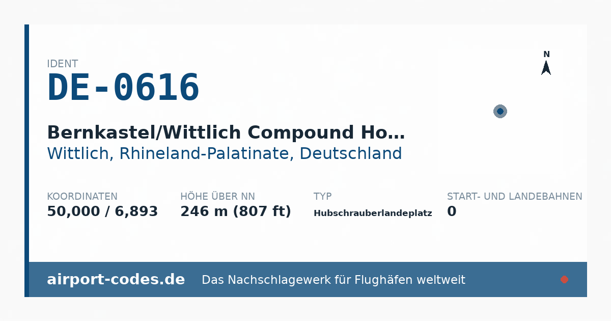 Generierte Übersichtsgrafik zum Flughafen Bernkastel/Wittlich Compound Hospital Heliport (Christoph 10) mit Codes, Koordinaten und Bahnenskizze