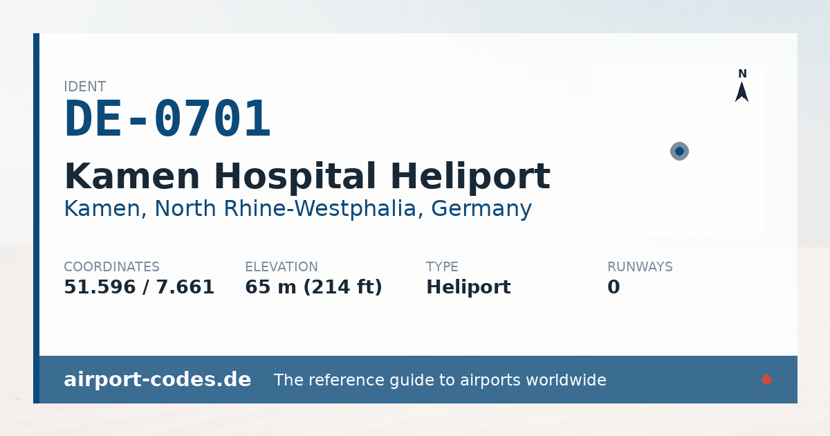 Generated summary graphic for Kamen Hospital Heliport showing codes, coordinates and a runway sketch