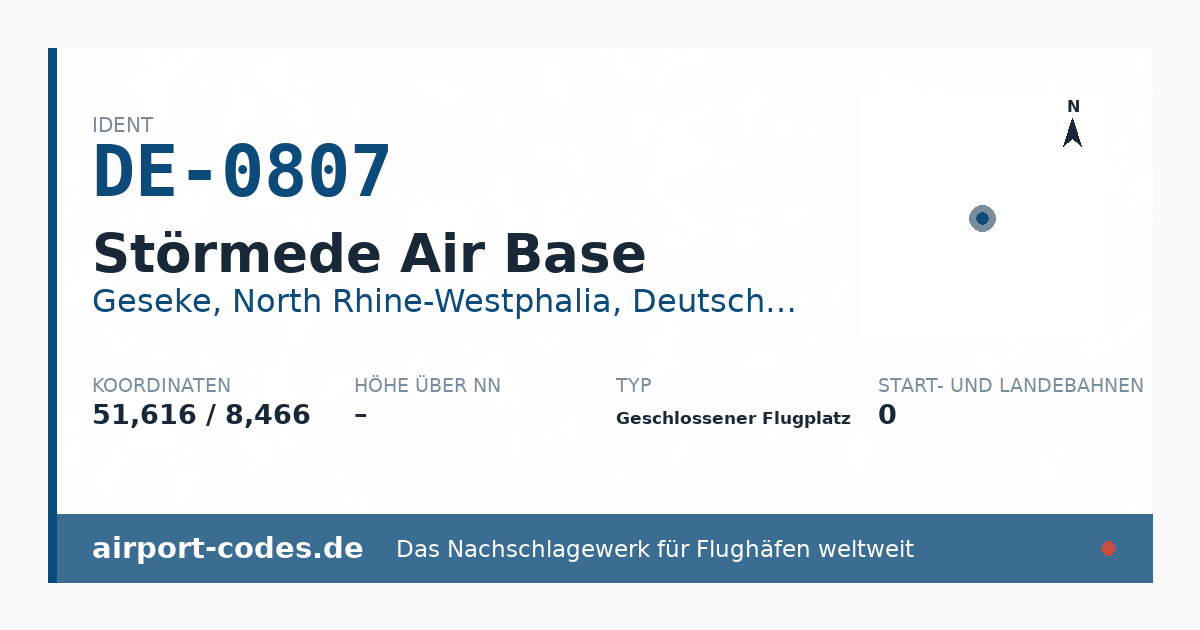 Generierte Übersichtsgrafik zum Flughafen Störmede Air Base mit Codes, Koordinaten und Bahnenskizze